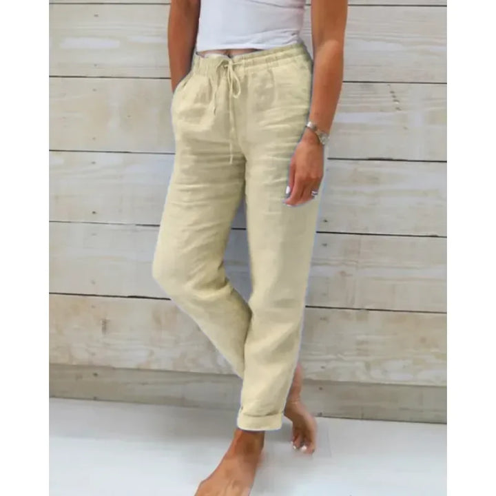 Khaki Women's Relaxed Drawstring Linen Pants — Rosalie Classic Wide-Leg - Front Styled