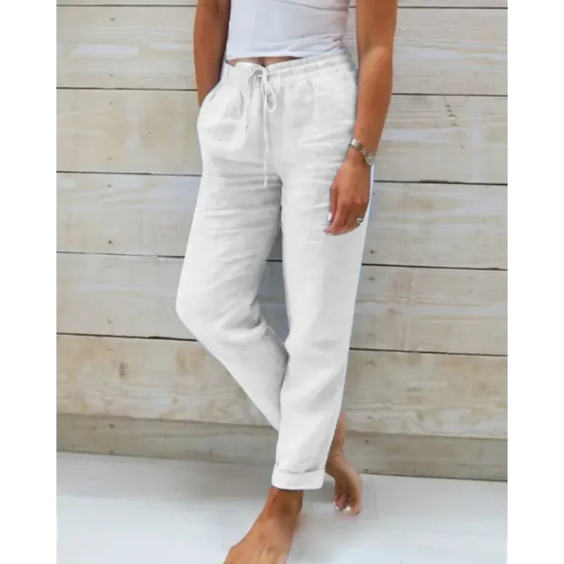 White Women's Relaxed Drawstring Linen Pants — Rosalie Classic Wide-Leg - Front Relaxed