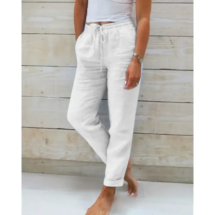 White Women's Relaxed Drawstring Linen Pants — Rosalie Classic Wide-Leg - Front Relaxed