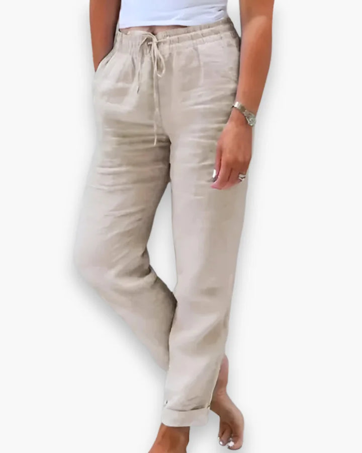 Beige Women's Drawstring Straight-Leg Linen Pants — Willa Relaxed High-Waisted - Front Pose