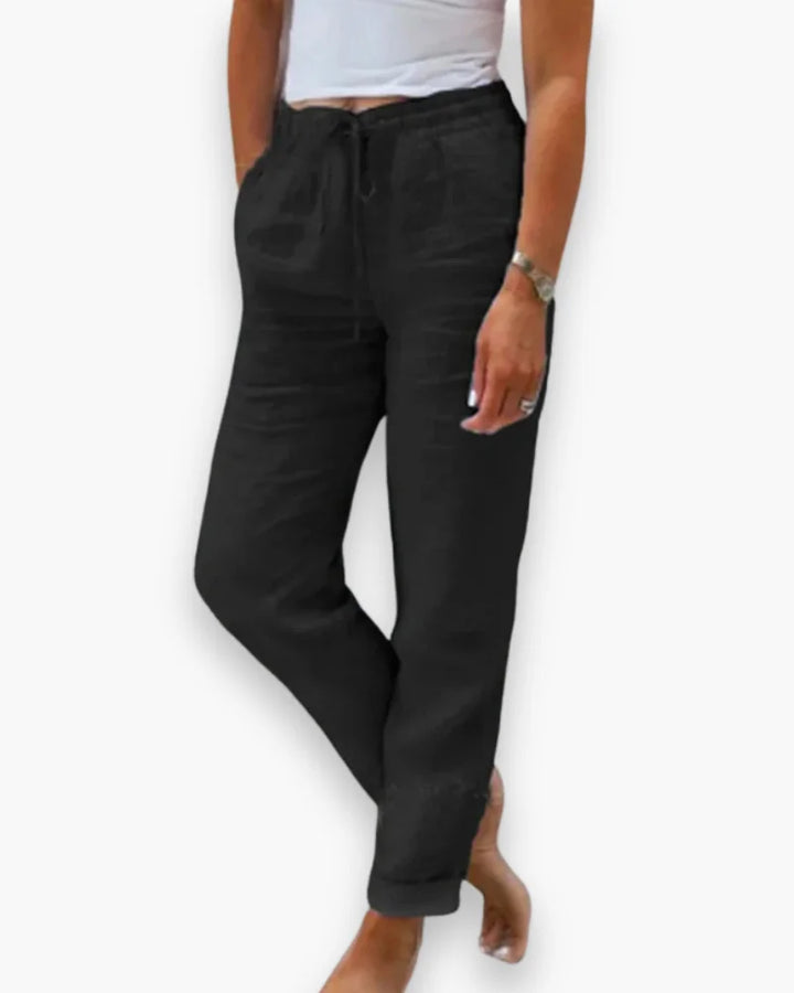Black Women's Drawstring Straight-Leg Linen Pants — Willa Relaxed High-Waisted - Studio Pose