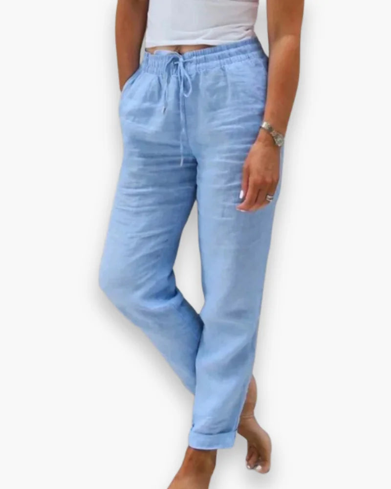 Blue Women's Drawstring Straight-Leg Linen Pants — Willa Relaxed High-Waisted - Front Full