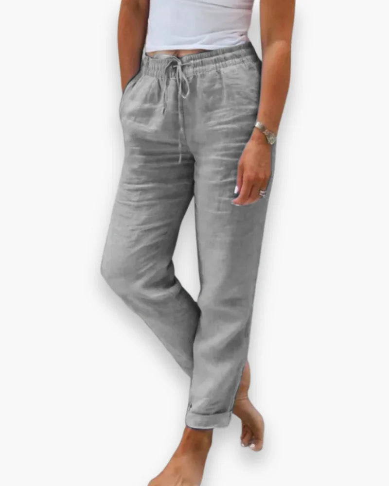Gray Women's Drawstring Straight-Leg Linen Pants — Willa Relaxed High-Waisted - Side View