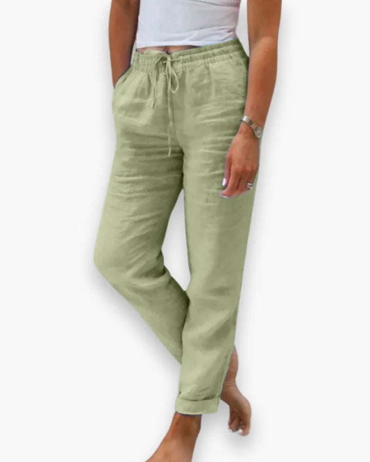 Green Women's Drawstring Straight-Leg Linen Pants — Willa Relaxed High-Waisted - Casual Stance