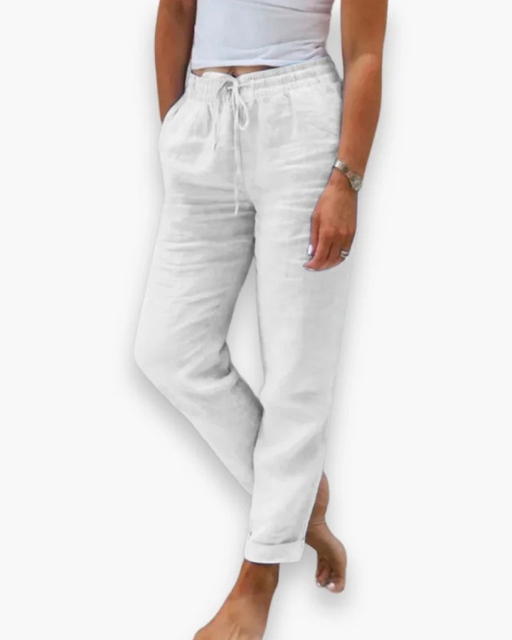 White Women's Drawstring Straight-Leg Linen Pants — Willa Relaxed High-Waisted - Relaxed Pose