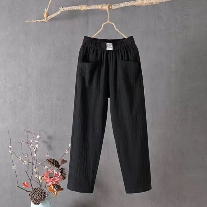 Black Women's Relaxed Elastic-Waist Linen Pants — Sinead Pocket Wide-Leg - Front Detail