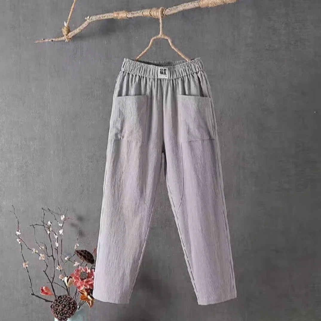 Gray Women's Relaxed Elastic-Waist Linen Pants — Sinead Pocket Wide-Leg - Front Pose