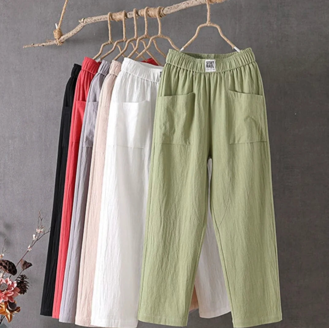 Multicolor Women's Relaxed Elastic-Waist Linen Pants — Sinead Pocket Wide-Leg - Collection View
