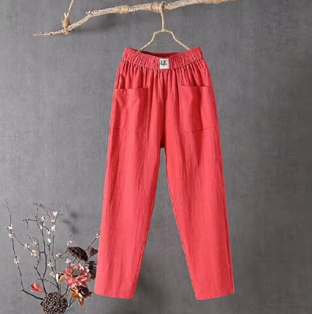 Red Women's Relaxed Elastic-Waist Linen Pants — Sinead Pocket Wide-Leg - Front Styled