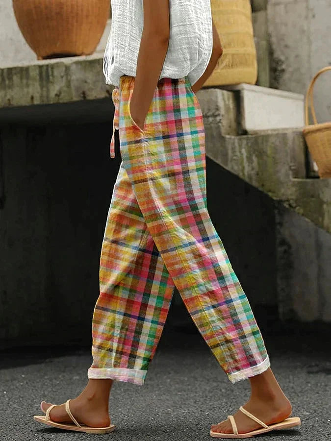 Multicolor Women's Plaid Drawstring Linen Pants — Sophie Relaxed Wide-Leg Cropped - Front Full