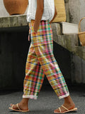 Women's Plaid Drawstring Linen Pants — Sophie Relaxed Wide-Leg Cropped