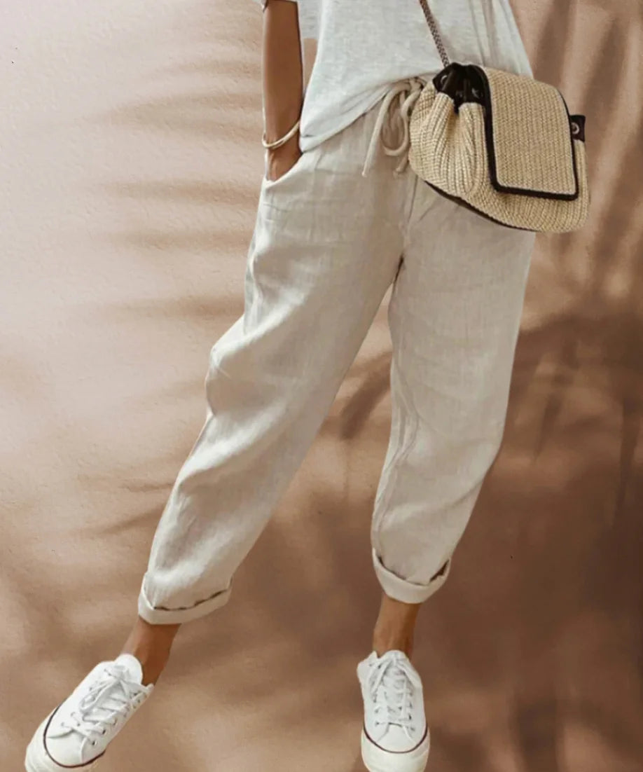 Beige Women's Relaxed Tapered Linen Pants — Thea Drawstring Cropped - Front Full