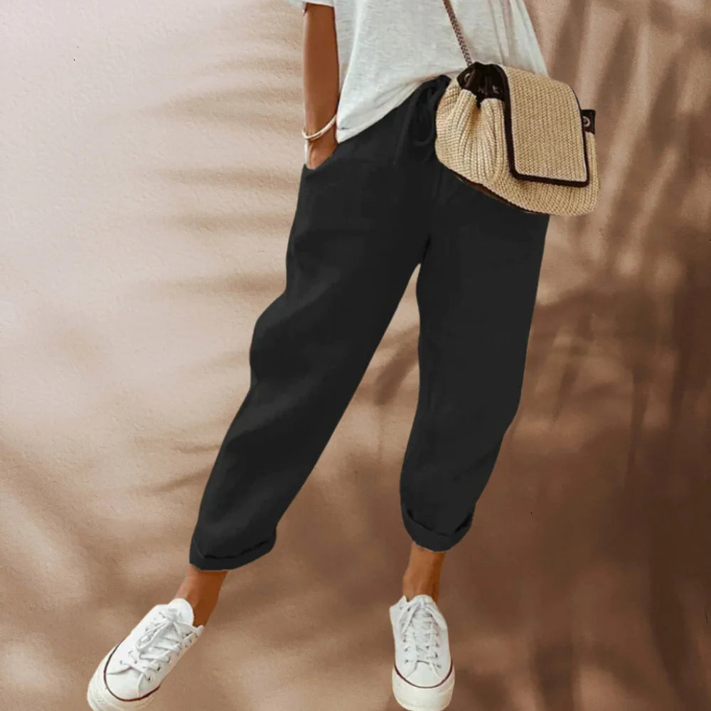 Black Women's Relaxed Tapered Linen Pants — Thea Drawstring Cropped - Front Pose