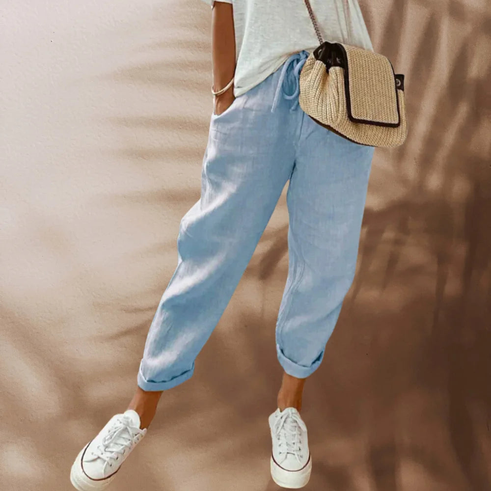 Blue Women's Relaxed Tapered Linen Pants — Thea Drawstring Cropped - Outdoor Pose