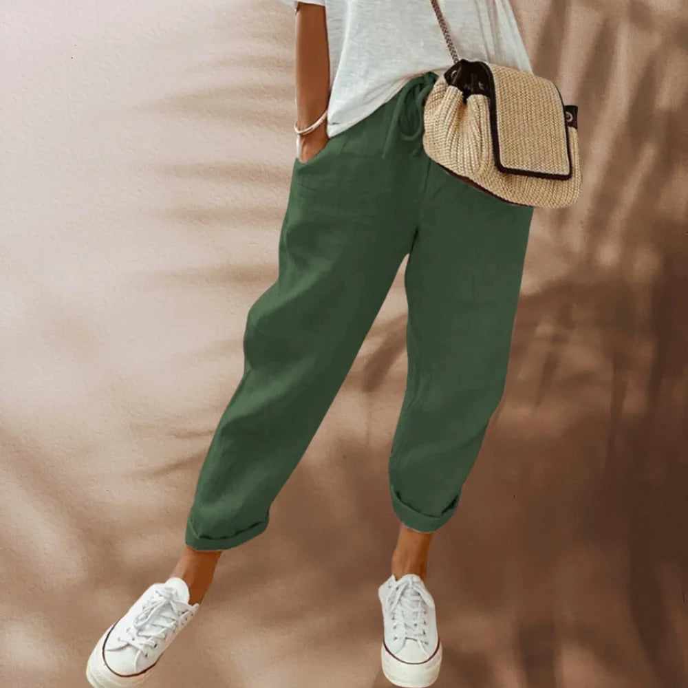 Green Women's Relaxed Tapered Linen Pants — Thea Drawstring Cropped - Side Pose