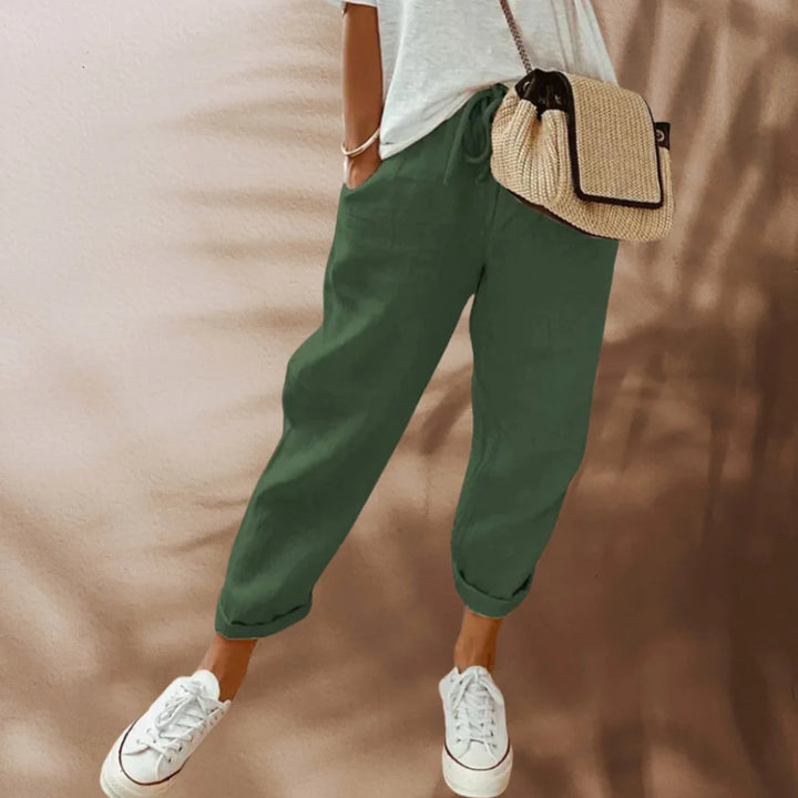 Green Women's Relaxed Tapered Linen Pants — Thea Drawstring Cropped - Side Pose