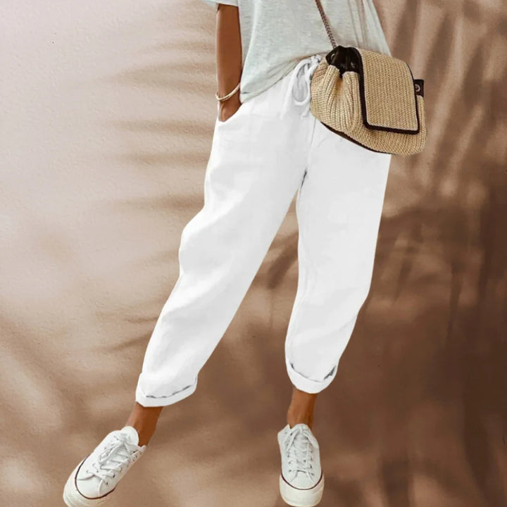 White Women's Relaxed Tapered Linen Pants — Thea Drawstring Cropped - Lifestyle Walk