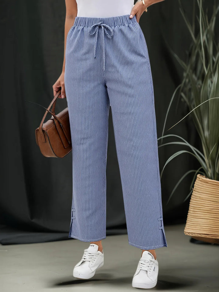 Blue Women's Relaxed Textured Drawstring Linen Pants — Iris Wide-Leg Cropped - Front Lifestyle