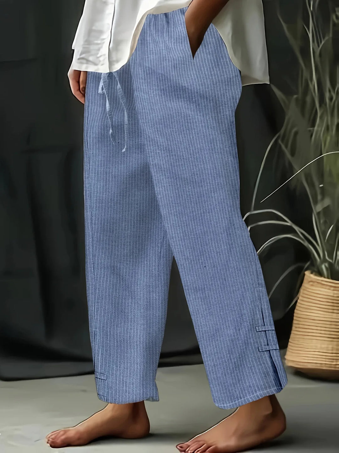 Blue Women's Relaxed Textured Drawstring Linen Pants — Iris Wide-Leg Cropped - Side Pose