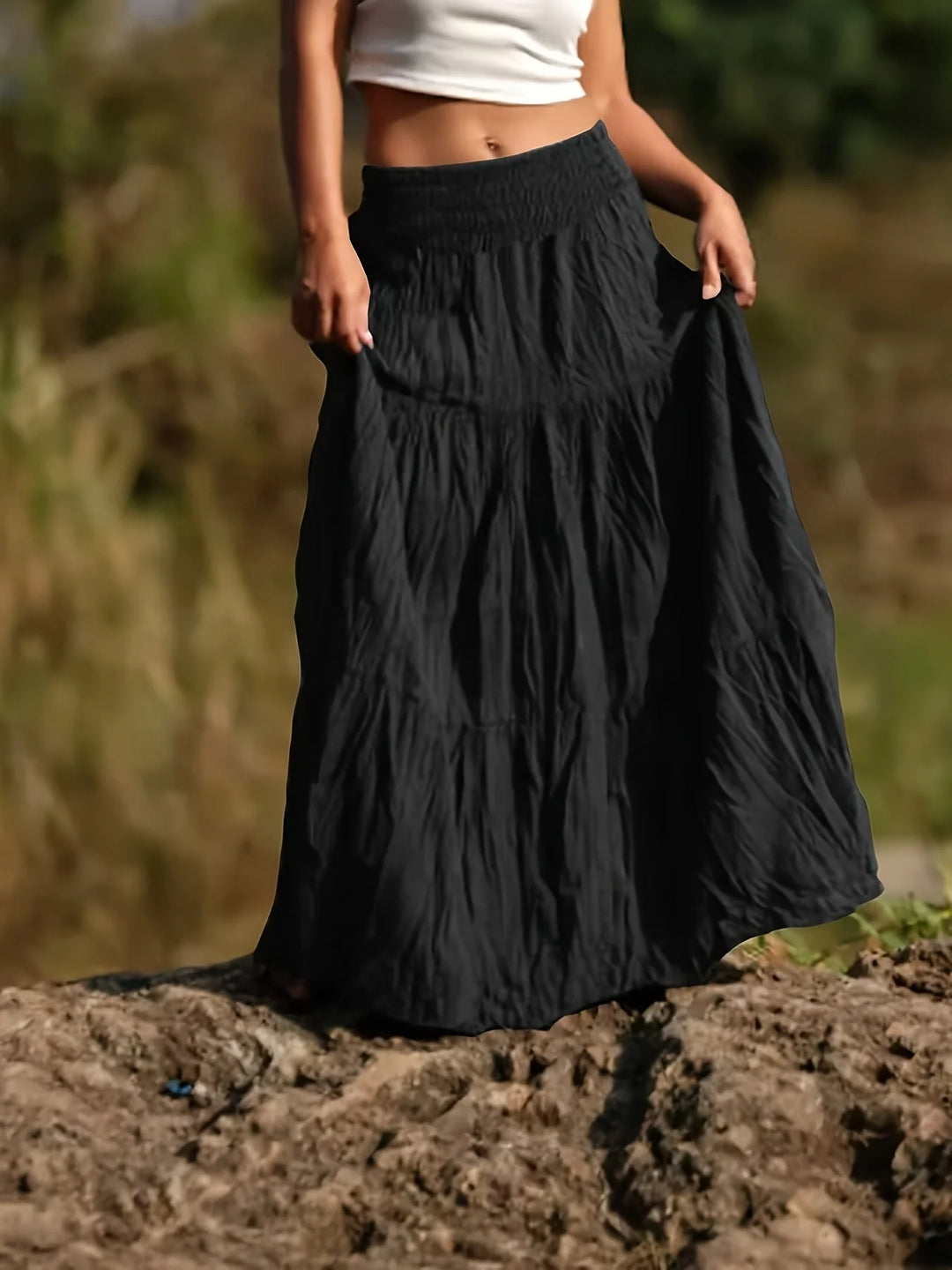 Black Women's Tiered Maxi Skirt — Ingrid Relaxed Black Cotton - Front Full
