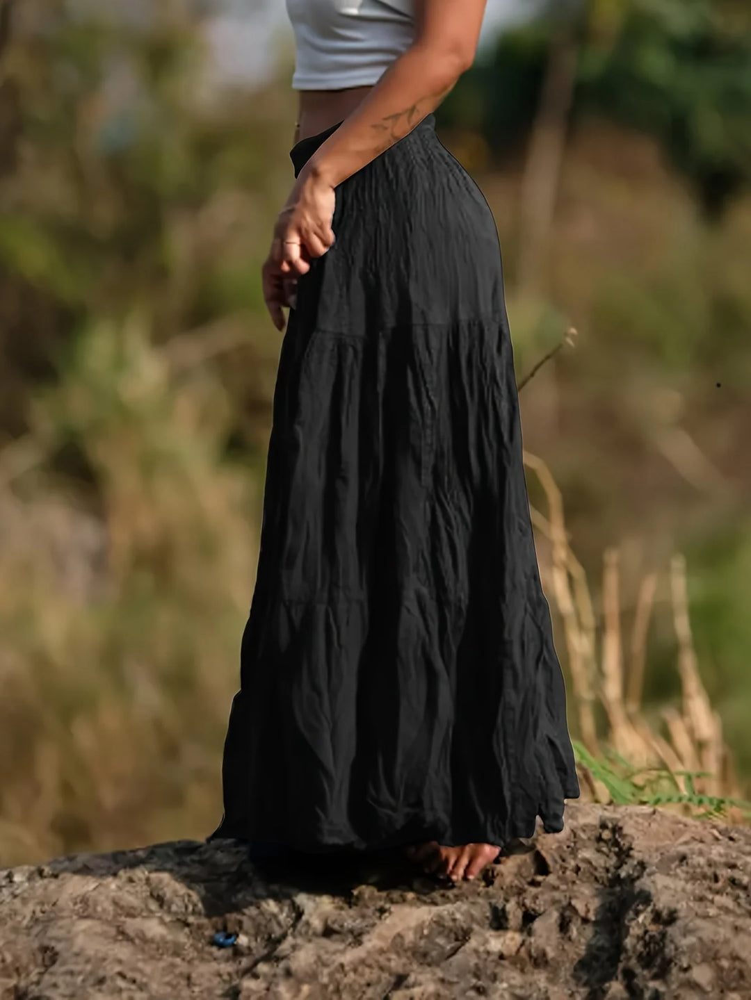 Black Women's Tiered Maxi Skirt — Ingrid Relaxed Black Cotton - Side Pose