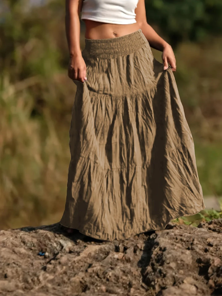 Brown Women's Tiered Maxi Skirt — Ingrid Relaxed Black Cotton - Front Detail