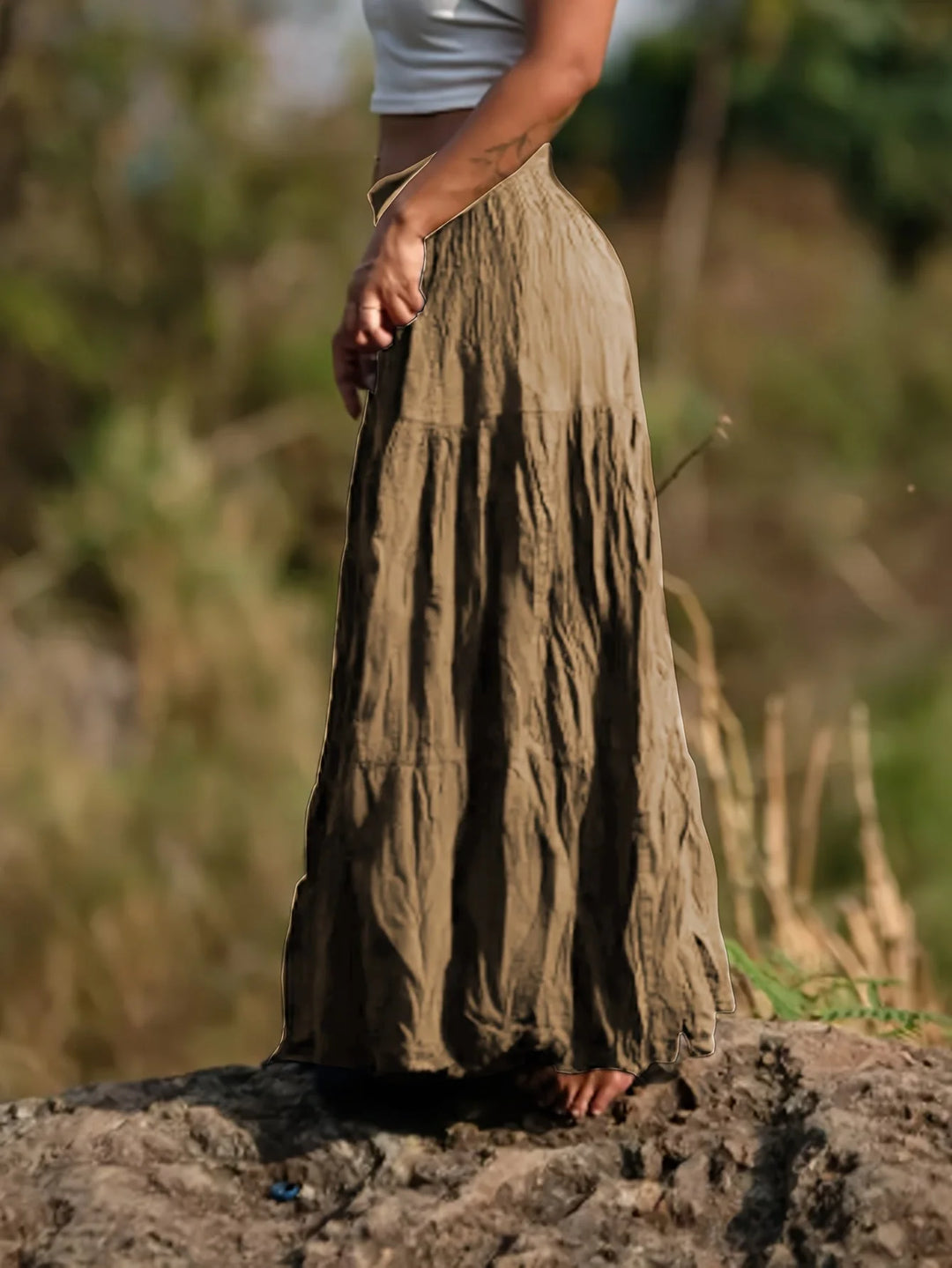 Brown Women's Tiered Maxi Skirt — Ingrid Relaxed Black Cotton - Side Angle
