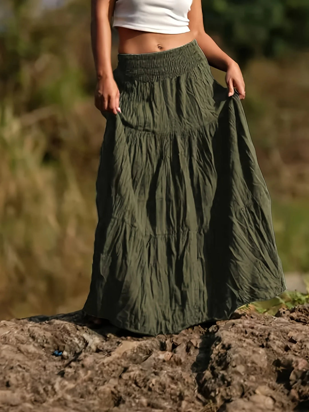 Green Women's Tiered Maxi Skirt — Ingrid Relaxed Black Cotton - Outdoor Pose