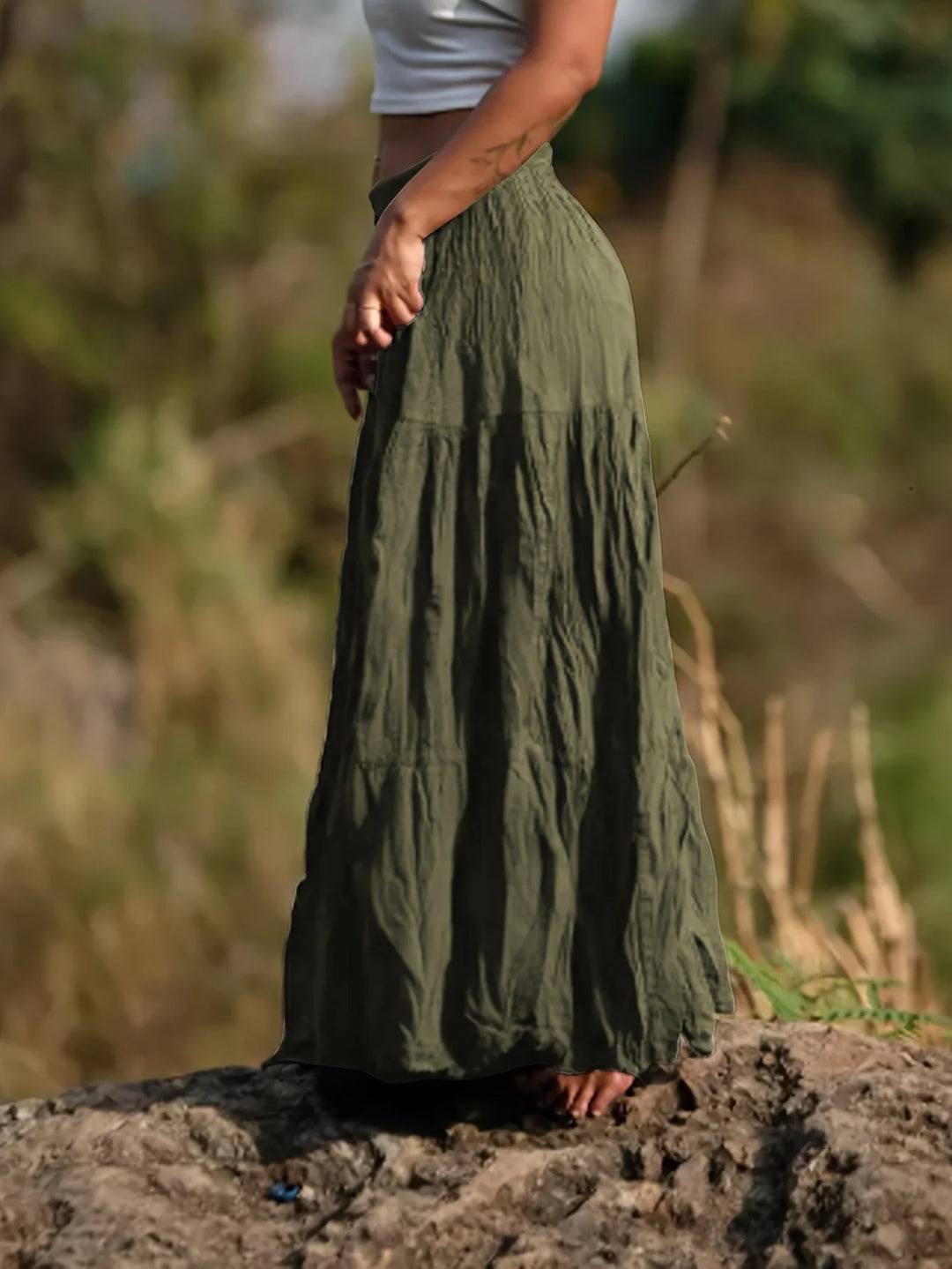 Green Women's Tiered Maxi Skirt — Ingrid Relaxed Black Cotton - Side Movement