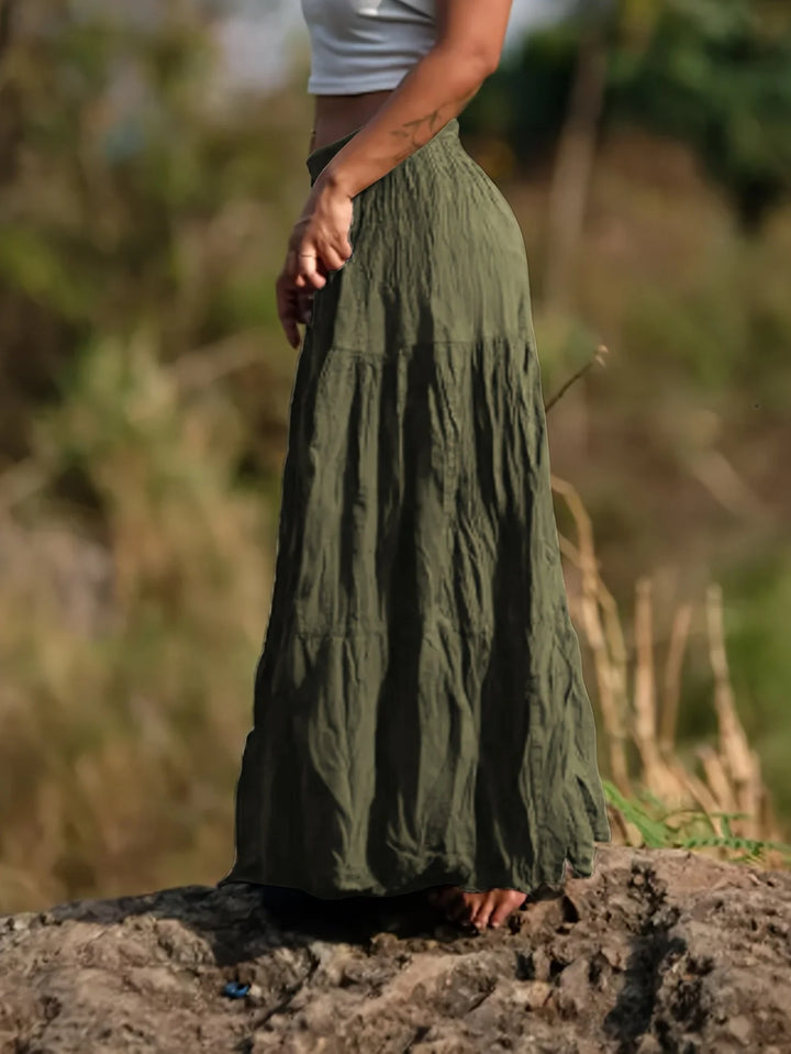 Green Women's Tiered Maxi Skirt — Ingrid Relaxed Black Cotton - Side Movement