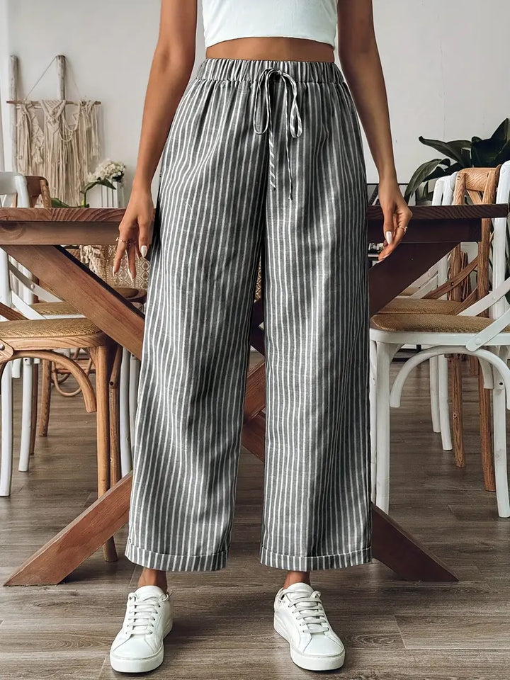 Grey Women's Relaxed Wide-Leg Striped Linen Pants — Zoey Elastic Waist Cropped - Front Detail