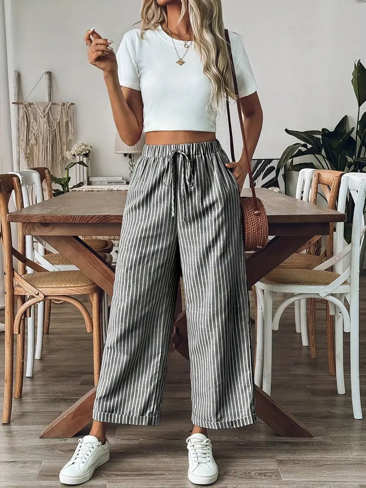 Grey Women's Relaxed Wide-Leg Striped Linen Pants — Zoey Elastic Waist Cropped - Front Full