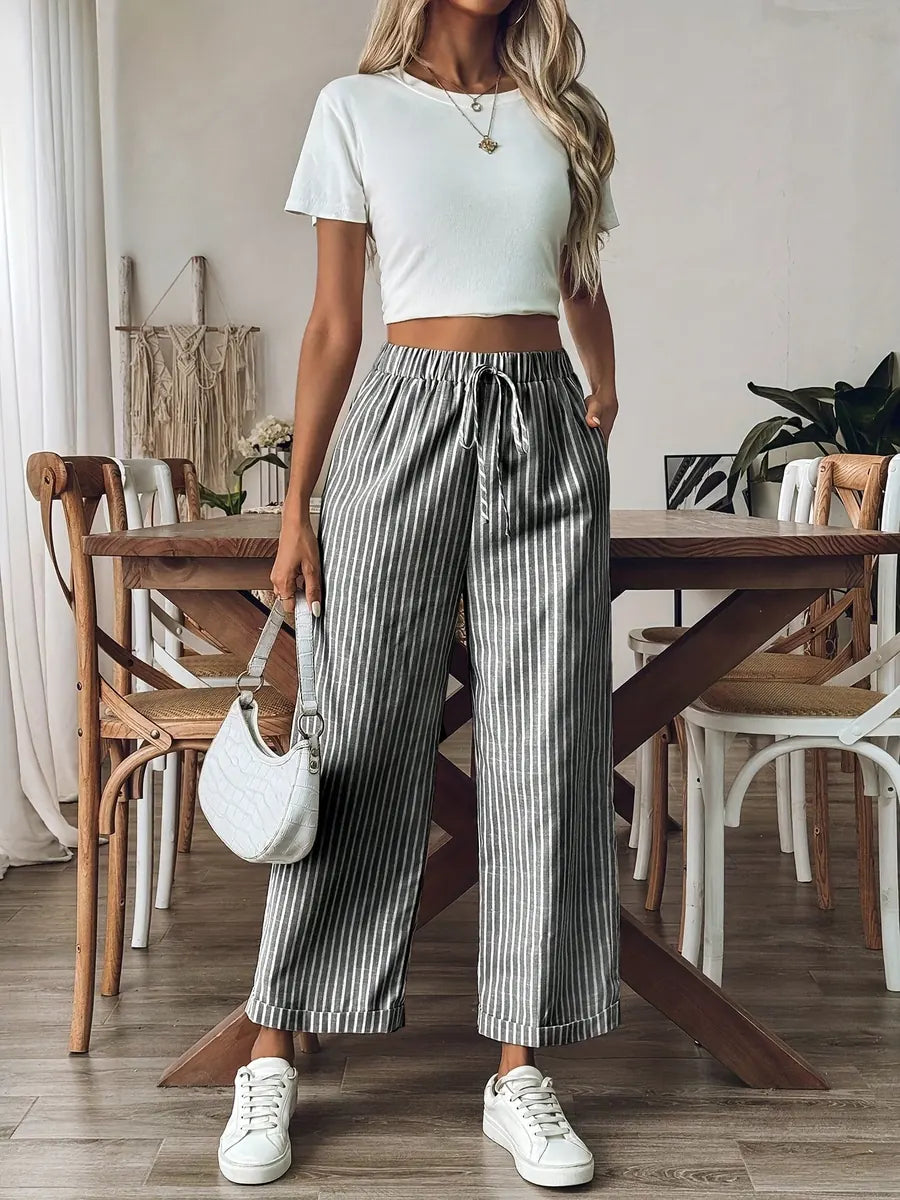Grey Women's Relaxed Wide-Leg Striped Linen Pants — Zoey Elastic Waist Cropped - Side Pose