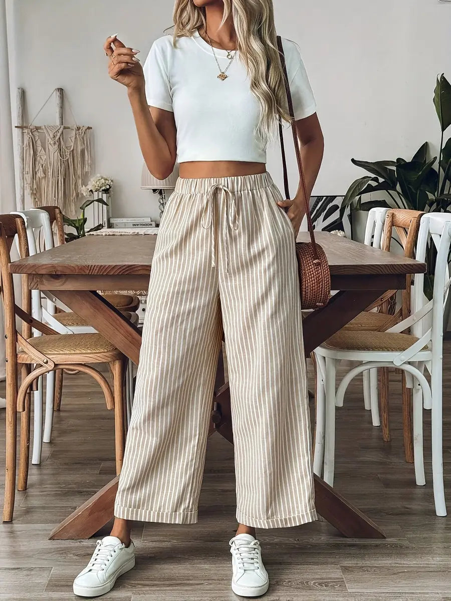 Khaki Women's Relaxed Wide-Leg Striped Linen Pants — Zoey Elastic Waist Cropped - Full Length