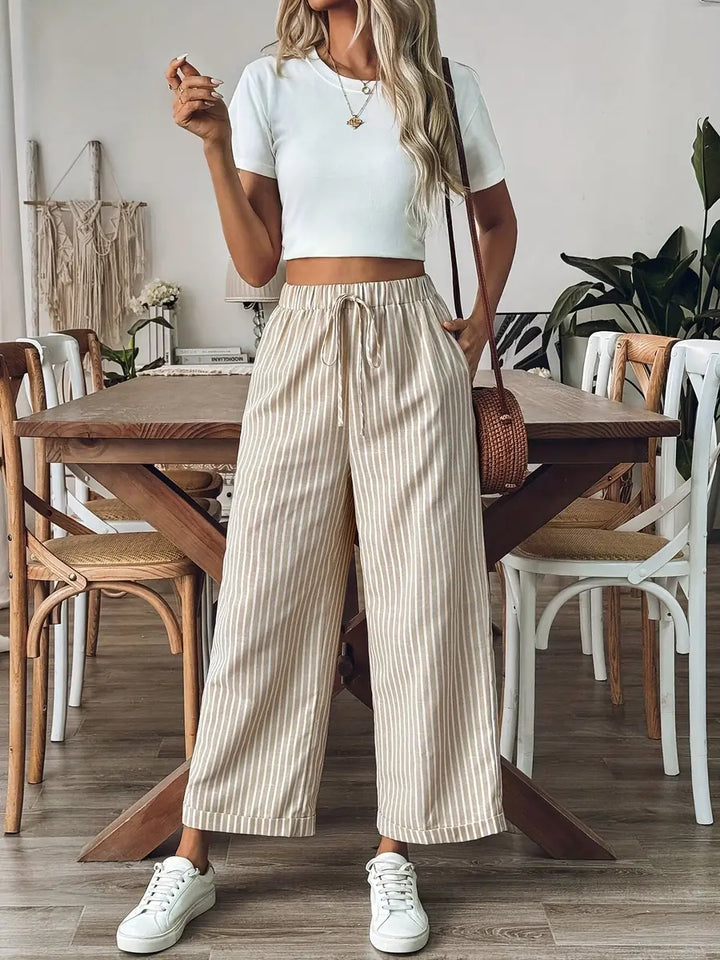 Khaki Women's Relaxed Wide-Leg Striped Linen Pants — Zoey Elastic Waist Cropped - Full Length