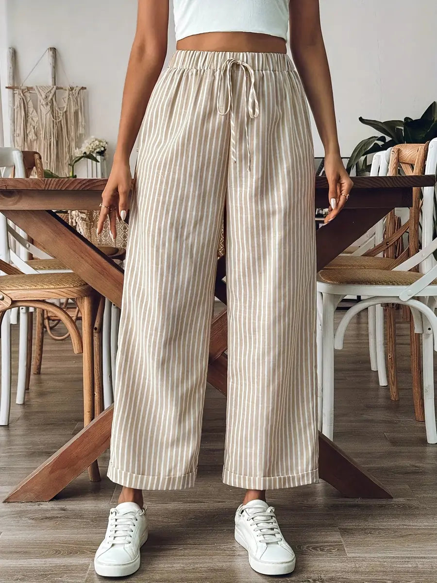 Khaki Women's Relaxed Wide-Leg Striped Linen Pants — Zoey Elastic Waist Cropped - Waist Detail