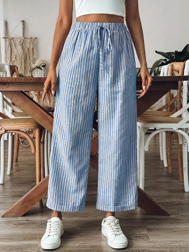 Sky Blue Women's Relaxed Wide-Leg Striped Linen Pants — Zoey Elastic Waist Cropped - Close Up Waist