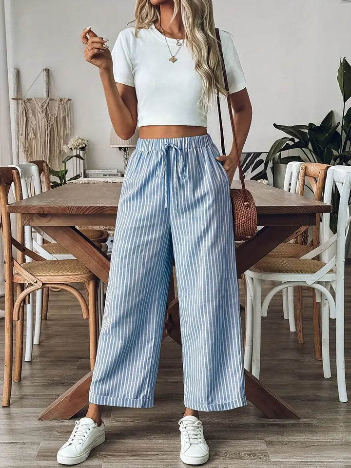 Sky Blue Women's Relaxed Wide-Leg Striped Linen Pants — Zoey Elastic Waist Cropped - Front Standing