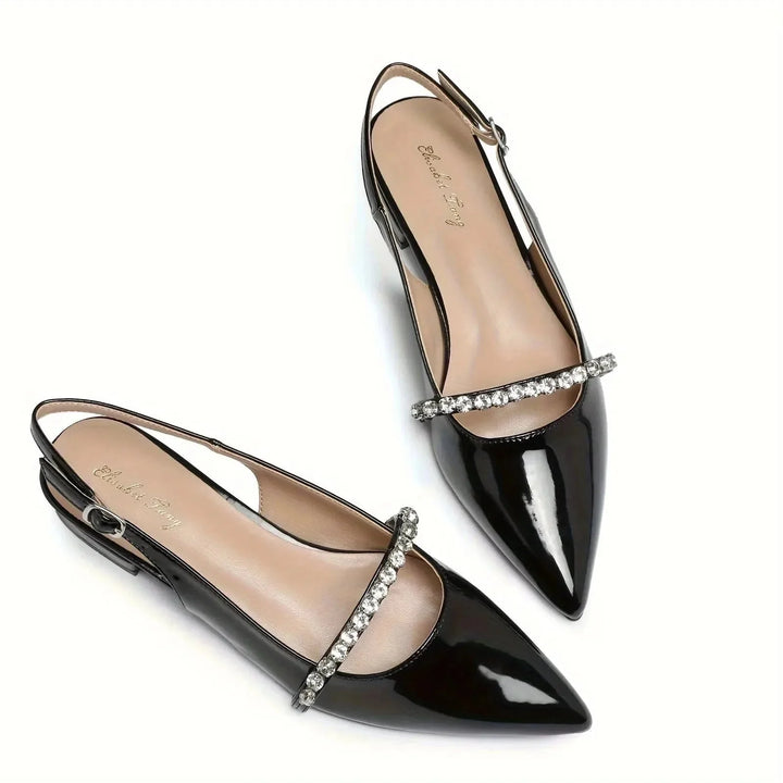 Black Women's Rhinestone Pointed Toe Slingback Flats — Anouk Chic Low Heel - Front Full