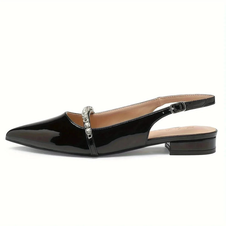Black Women's Rhinestone Pointed Toe Slingback Flats — Anouk Chic Low Heel - Heel Detail
