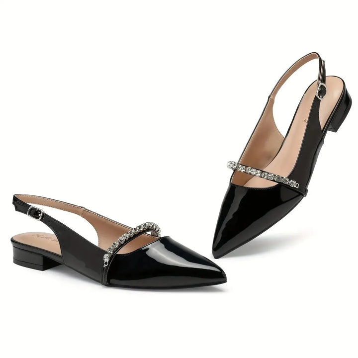 Black Women's Rhinestone Pointed Toe Slingback Flats — Anouk Chic Low Heel - Side Profile