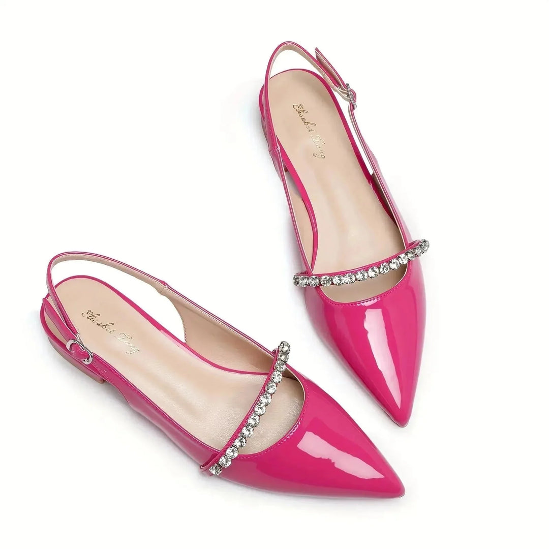 Pink Women's Rhinestone Pointed Toe Slingback Flats — Anouk Chic Low Heel - Front Full