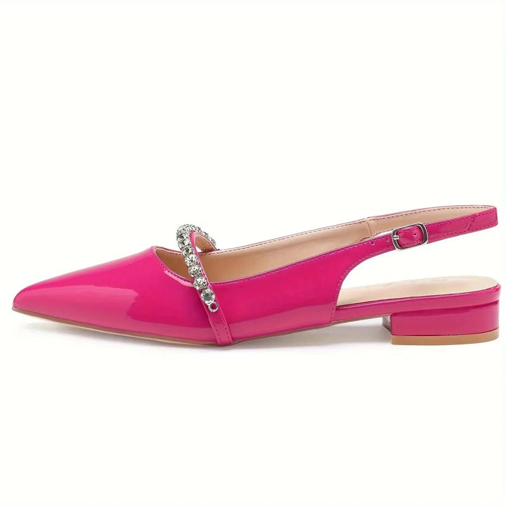 Pink Women's Rhinestone Pointed Toe Slingback Flats — Anouk Chic Low Heel - Heel Detail