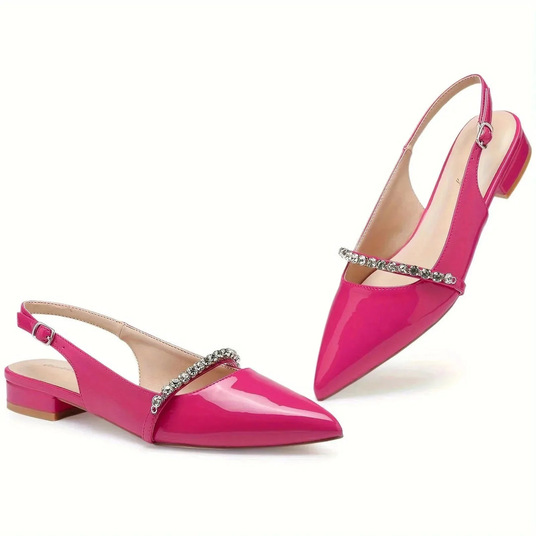 Pink Women's Rhinestone Pointed Toe Slingback Flats — Anouk Chic Low Heel - Side Profile