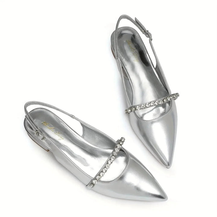 Silver Women's Rhinestone Pointed Toe Slingback Flats — Anouk Chic Low Heel - Front Full