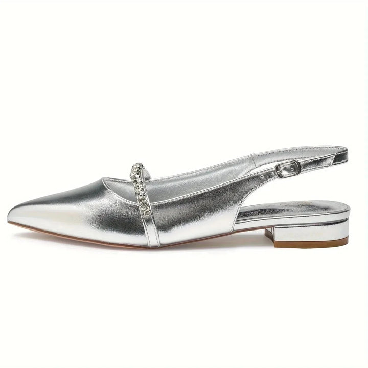 Silver Women's Rhinestone Pointed Toe Slingback Flats — Anouk Chic Low Heel - Heel Detail