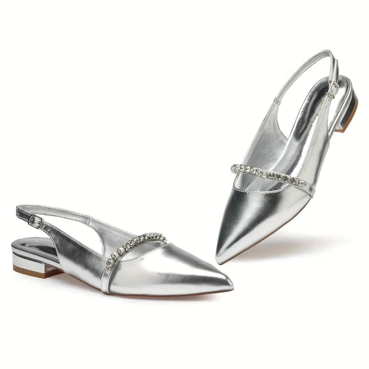 Silver Women's Rhinestone Pointed Toe Slingback Flats — Anouk Chic Low Heel - Side Profile