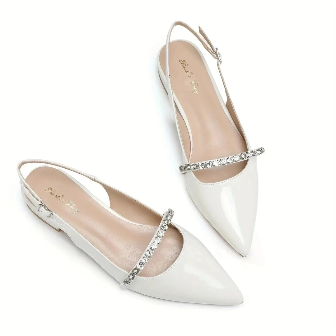 White Women's Rhinestone Pointed Toe Slingback Flats — Anouk Chic Low Heel - Front Full