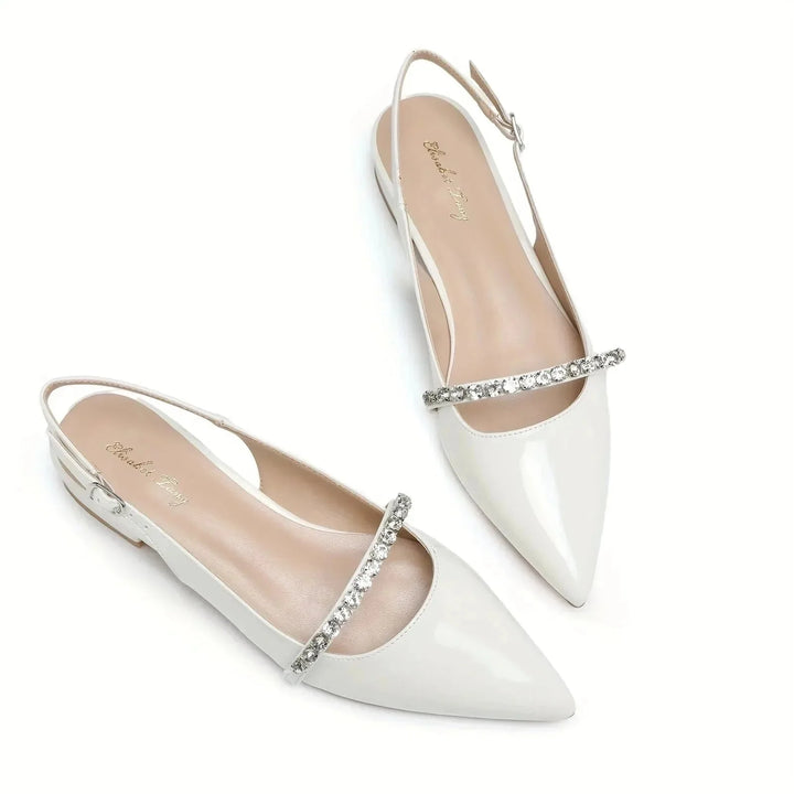 White Women's Rhinestone Pointed Toe Slingback Flats — Anouk Chic Low Heel - Front Full
