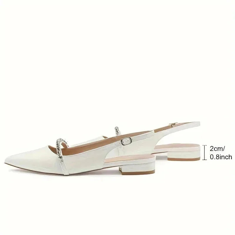 White Women's Rhinestone Pointed Toe Slingback Flats — Anouk Chic Low Heel - Heel Detail